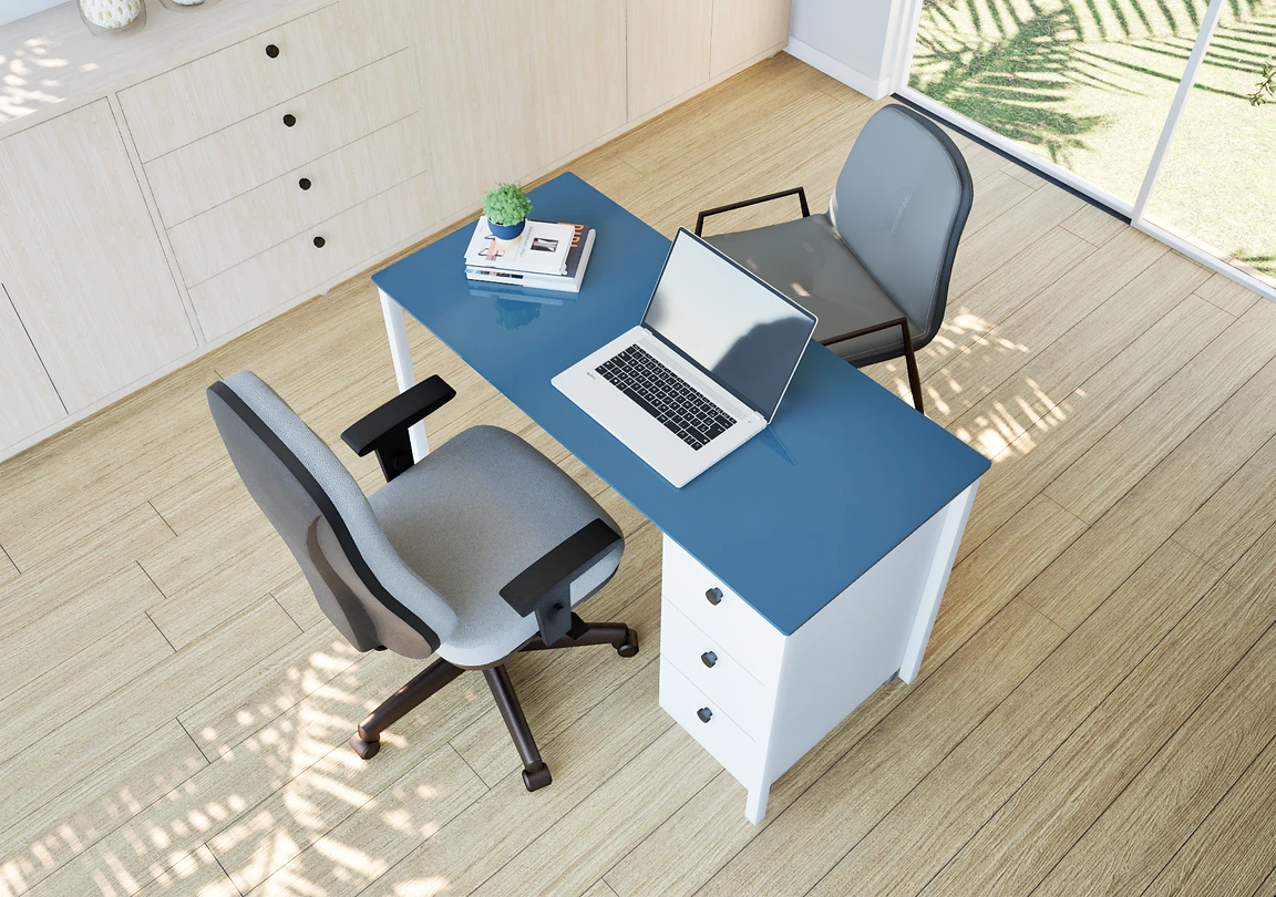 Vista superior da mesa de trabalho azul Sirena