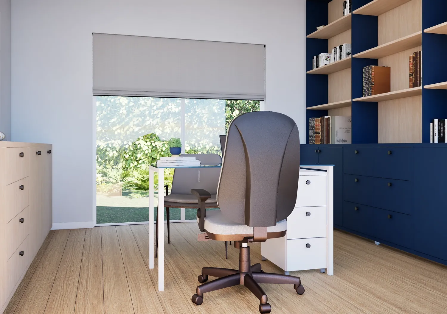 Escritório: estante azul e mesa de trabalho