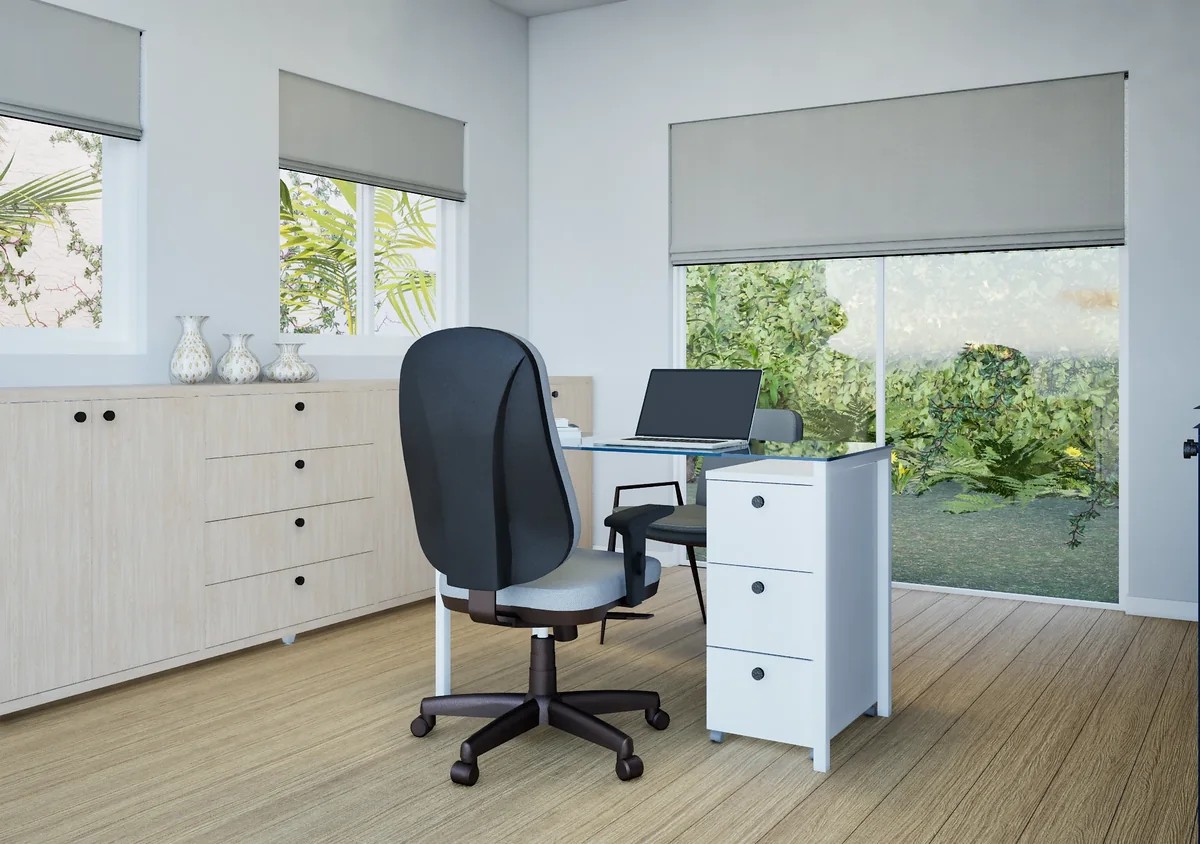 Vista superior da mesa azul com cadeiras