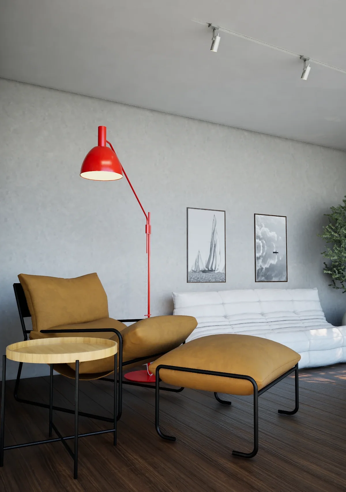 Sofá modular claro com quadros ao fundo